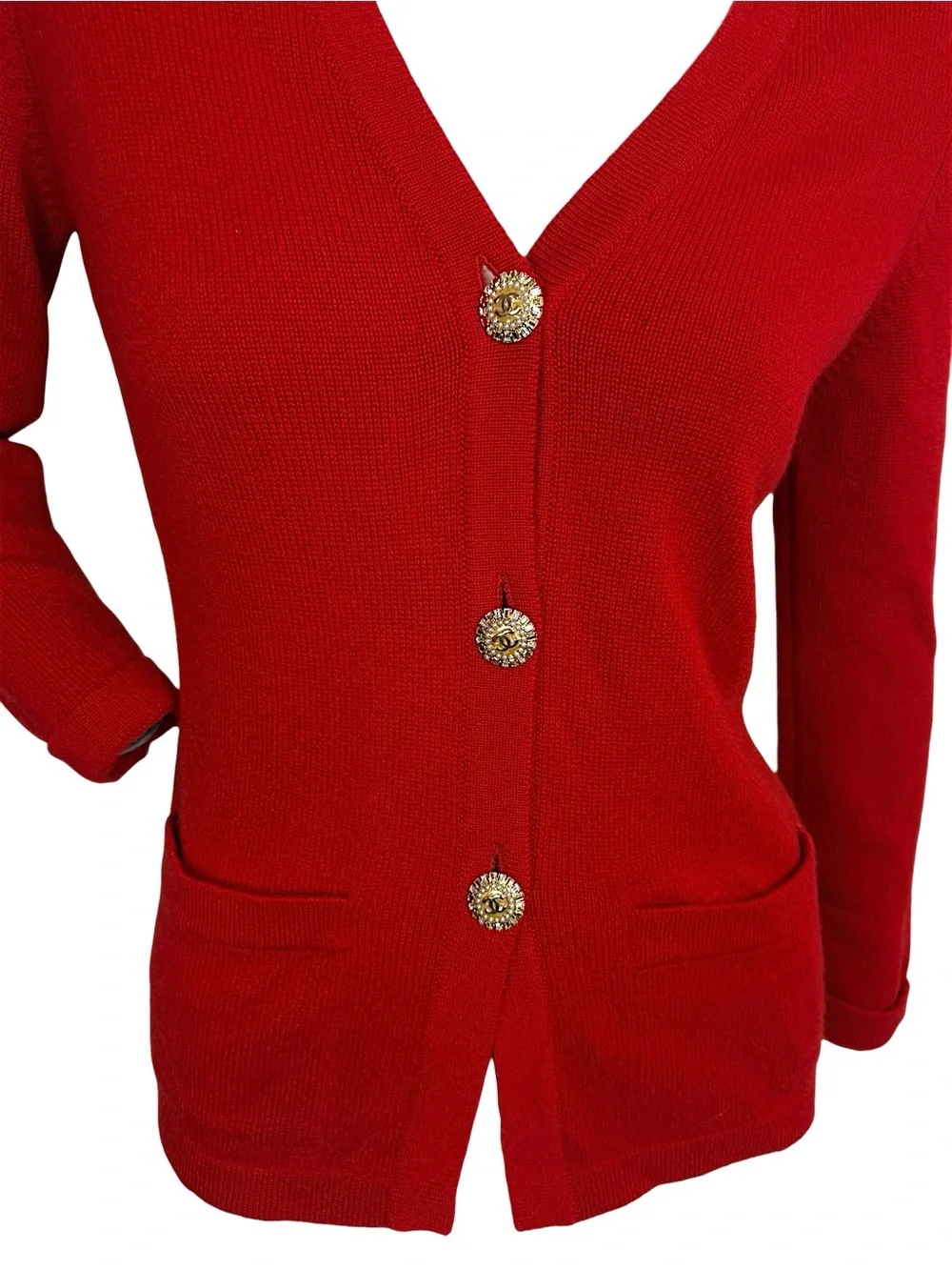 Vintage 90s Chanel Red Cashmere Cardigan Jeweled CC Buttons